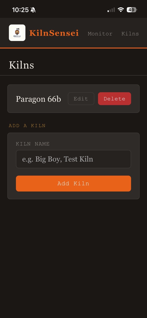 KilnSensei kilns screen for adding and managing kilns